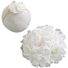 Load image into Gallery viewer, Babymoon Floral Round Bum Cover With Hairband | Baby Photography Props | Set Of 2 | White