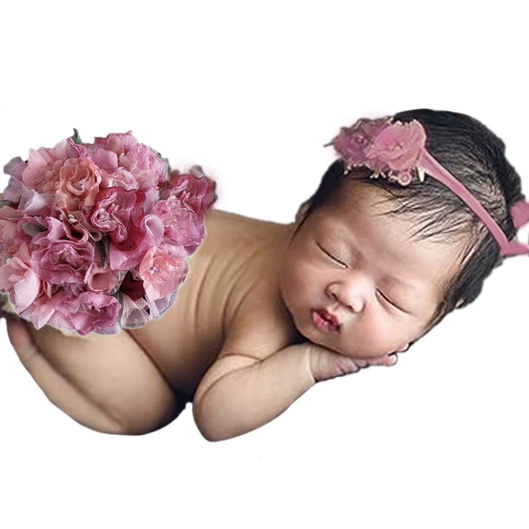 Babymoon Floral Round Bum Cover With Hairband | Baby Photography Props | Set Of 2 | Pink