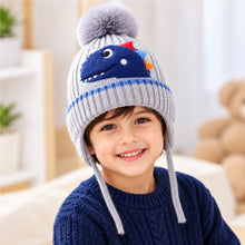 Load image into Gallery viewer, Babymoon Baby Dinosaur Design Cap with String Winter Kids Hat Boys Girls Caps | Grey | 1-15 Years