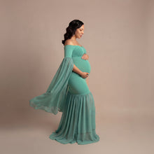 Load image into Gallery viewer, Babymoon Off Shoulder Long Tail Maternity Gown Dress - Green