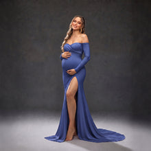 Load image into Gallery viewer, Babymoon Off Shoulder Full Sleeve Maternity Gown Dress - Blue