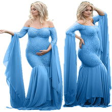 Load image into Gallery viewer, Babymoon Stretchable Off Shoulder Dropping Sleeve Maternity Gown Dress | Blue