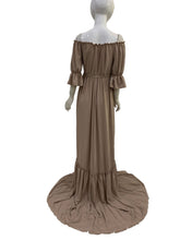 Load image into Gallery viewer, Babymoon Puff Sleeve Front Slit Maternity Gown Dress | Beige