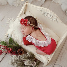 Load image into Gallery viewer, Babymoon | Set of 2 | Baby Velvet Romper and Hairband | Baby Photoshoot Props | Baby Costume | Red