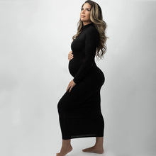 Load image into Gallery viewer, Babymoon Stretchable High Neck Full Sleeve Maternity Gown Dress | Black