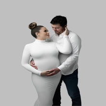 Load image into Gallery viewer, Babymoon Strechable High Neck Full Sleeve Maternity Gown Dress | White
