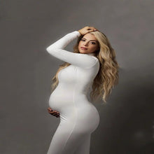 Load image into Gallery viewer, Babymoon Strechable High Neck Full Sleeve Maternity Gown Dress | White