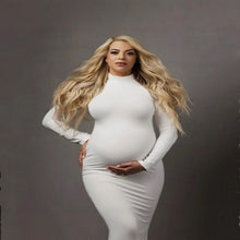 Load image into Gallery viewer, Babymoon Strechable High Neck Full Sleeve Maternity Gown Dress | White