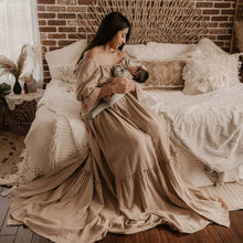 Load image into Gallery viewer, Babymoon Puff Sleeve Front Slit Maternity Gown Dress | Beige