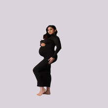 Load image into Gallery viewer, Babymoon Stretchable High Neck Full Sleeve Maternity Gown Dress | Black