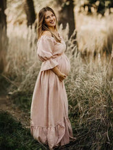 Load image into Gallery viewer, Babymoon Puff Sleeve Front Slit Maternity Gown Dress | Beige