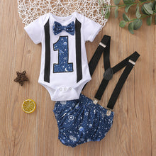 Load image into Gallery viewer, Babymoon 1st Birthday Cake Smash Outfit |Romper & Suspender Costume | 1 Yr - Blue