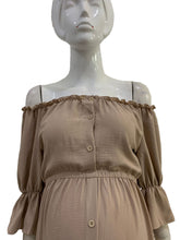 Load image into Gallery viewer, Babymoon Puff Sleeve Front Slit Maternity Gown Dress | Beige