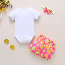 Load image into Gallery viewer, Babymoon Fruit Theme Outfit | Romper, Skirt & Hairband | 12-18 Months | Set of 3 | Pink
