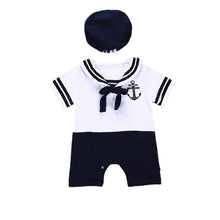 Load image into Gallery viewer, Babymoon Mediterranean Sailor Outfit | Romper with Hat | Beach Sea Style | Baby Photography Prop