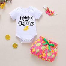 Load image into Gallery viewer, Babymoon Fruit Theme Outfit | Romper, Skirt & Hairband | 12-18 Months | Set of 3 | Pink
