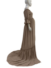 Load image into Gallery viewer, Babymoon Puff Sleeve Front Slit Maternity Gown Dress | Beige