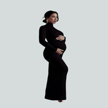Load image into Gallery viewer, Babymoon Stretchable High Neck Full Sleeve Maternity Gown Dress | Black