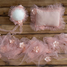 Load image into Gallery viewer, Babymoon | Set of 3 | Baby Floral Net Wrap, Pillow & Bonnet | Baby Photography Props | Pink