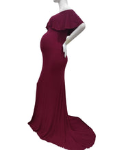 Load image into Gallery viewer, Babymoon Off Shoulder Ruffle Neck Stretchable Maternity Gown Dress | Maroon