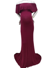 Load image into Gallery viewer, Babymoon Off Shoulder Ruffle Neck Stretchable Maternity Gown Dress | Maroon