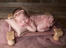 Load image into Gallery viewer, Babymoon Velvet Cover Wooden Bed | Wooden Properties | Pillow | Baby Photoshoot Props | Brown
