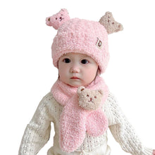 Load image into Gallery viewer, Babymoon Winter Bear Fleece Soft Baby Cap Hat with Scarf Boy’s Girls Kids Cap Hat Headwear | Pink | 0-3 Yr
