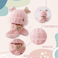 Load image into Gallery viewer, Babymoon Winter Bear Fleece Soft Baby Cap Hat with Scarf Boy’s Girls Kids Cap Hat Headwear | Pink | 0-3 Yr