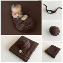 Load image into Gallery viewer, Babymoon | Set of 3 | Jersey stretchable Baby Photography Shoot Bean Bag Layer | Hairband And Wrap | Brown