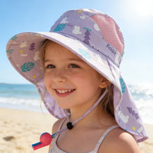 Load image into Gallery viewer, Babymoon Neck Flap Baby Boys Girls Kids Cartoon Summer Cap with Whistle and Adjustable Chin Strap Sun Beach Hat | Rabbit Purple | 4-8 Year