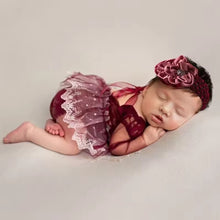 Load image into Gallery viewer, Babymoon Set of 2 | Princess Lace Net Frock & Hairband | Baby Photoshoot Props Costumes | Baby Gift Set | Red | 0-1 Month