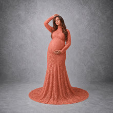 Load image into Gallery viewer, Babymoon High Neck Full Sleeve Maternity Gown Dress - Peach