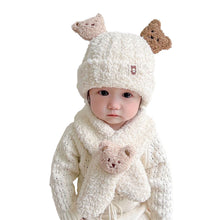 Load image into Gallery viewer, Babymoon Winter Bear Fleece Soft Baby Cap Hat with Scarf Boy’s Girls Kids Cap Hat Headwear | White | 0-3 Yr