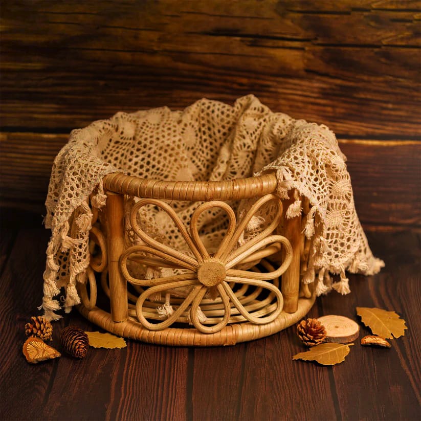 Babymoon Blossom Rustic Cane Bamboo Photography Props Basket - Round