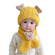 Load image into Gallery viewer, Babymoon Winter Bear Fleece Soft Baby Cap Hat with Scarf Boy’s Girls Kids Cap Hat Headwear | Yellow | 0-3 Yr