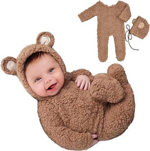 Load image into Gallery viewer, Babymoon Set of 2 | Fleece Suit with Infant Baby Bear Cap Hat | Baby Photography Props Costume | Baby Gift Set | 0-3 Months | Brown