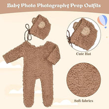 Load image into Gallery viewer, Babymoon Set of 2 | Fleece Suit with Infant Baby Bear Cap Hat | Baby Photography Props Costume | Baby Gift Set | 0-3 Months | Brown