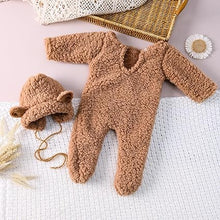 Load image into Gallery viewer, Babymoon Set of 2 | Fleece Suit with Infant Baby Bear Cap Hat | Baby Photography Props Costume | Baby Gift Set | 0-3 Months | Brown