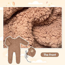 Load image into Gallery viewer, Babymoon Set of 2 | Fleece Suit with Infant Baby Bear Cap Hat | Baby Photography Props Costume | Baby Gift Set | 0-3 Months | Brown
