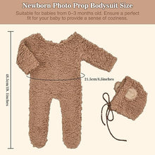 Load image into Gallery viewer, Babymoon Set of 2 | Fleece Suit with Infant Baby Bear Cap Hat | Baby Photography Props Costume | Baby Gift Set | 0-3 Months | Brown