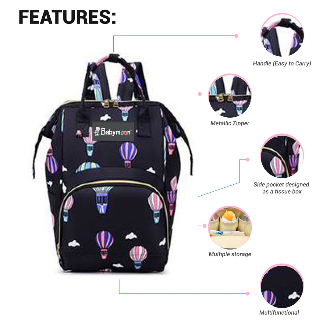 Babymoon Mother Diaper Bag Lightweight Multifunctional Travel Unisex Diaper Backpack - Black Balloon