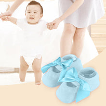Load image into Gallery viewer, Babymoon Set of 3 | Non-Skid, Anti Slip Pearl Bow Flower Baby Socks Gift Box | Safety Protector | 0-12M | Blue