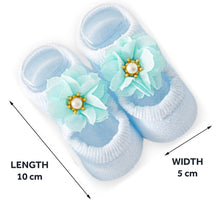 Load image into Gallery viewer, Babymoon Set of 3 | Non-Skid, Anti Slip Pearl Bow Flower Baby Socks Gift Box | Safety Protector | 0-12M | Blue