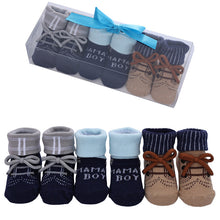 Load image into Gallery viewer, Babymoon Set of 3 | Non-Skid, Anti Slip Baby Socks Gift Box | Safety Protector | 0-9M | Blue