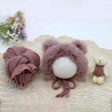 Load image into Gallery viewer, Babymoon Set of 3 | Bonnet, Wrap n Bear Teddy New Born | Baby Photography Props | Costumes | Purple
