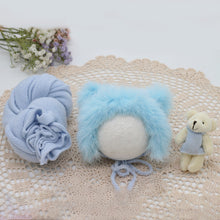 Load image into Gallery viewer, Babymoon Set of 3 | Bonnet, Wrap n Bear Teddy New Born | Baby Photography Props | Costumes | Blue
