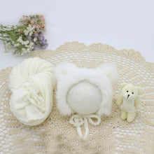 Load image into Gallery viewer, Babymoon Set of 3 | Bonnet, Wrap n Bear Teddy New Born | Baby Photography Props | Costumes | White

