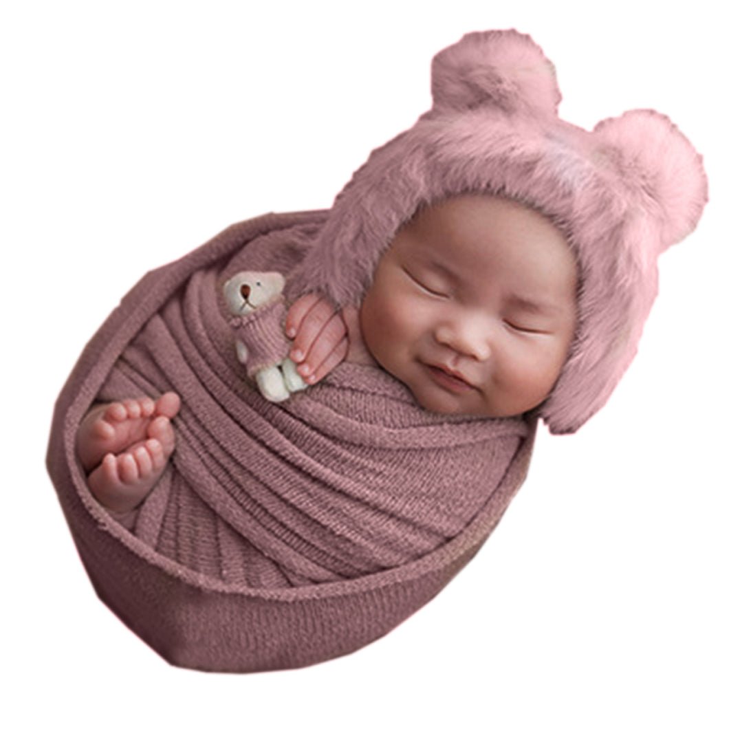 Babymoon Set of 3 | Bonnet, Wrap n Bear Teddy New Born | Baby Photography Props | Costumes | Purple