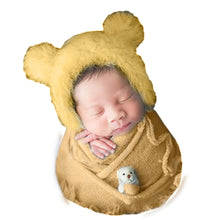Load image into Gallery viewer, Babymoon Set of 3 | Bonnet, Wrap n Bear Teddy New Born | Baby Photography Props | Costumes | Yellow
