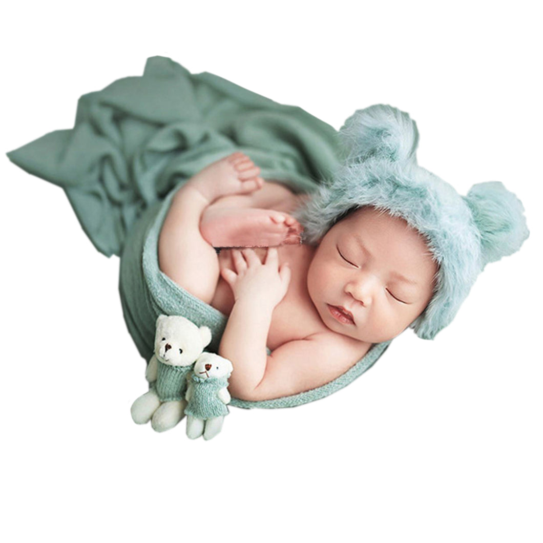 Babymoon Set of 3 | Bonnet, Wrap n Bear Teddy New Born | Baby Photography Props | Costumes | Green